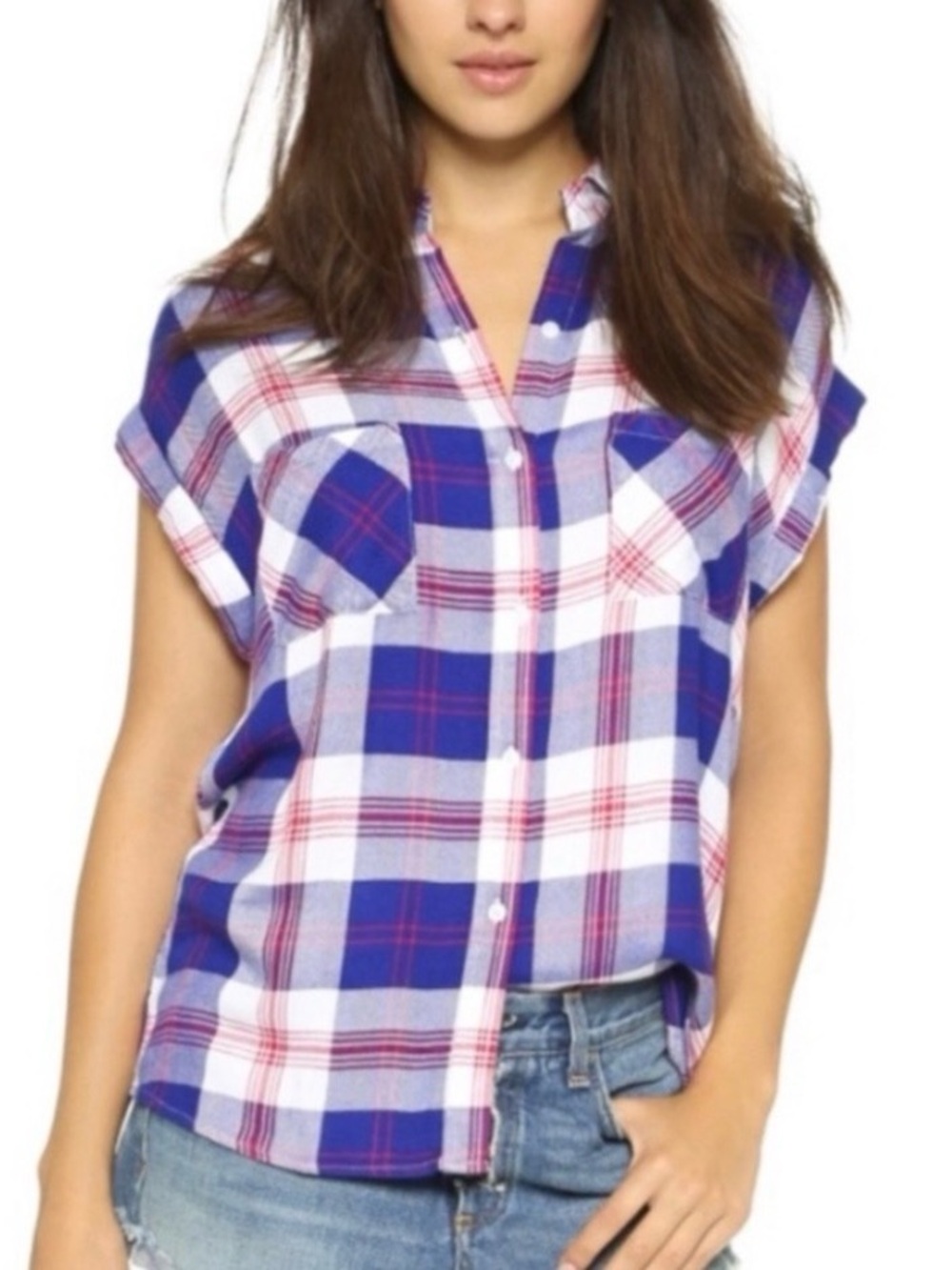 Rails Britt Plaid Flannel Button Down Cap Sleeve Red White Blue Women’s Medium